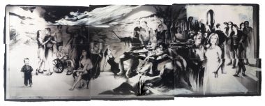 City of Tells, Study # 2, 2004. Black and white photograph with oil paint, 18 1/4 x 43 3/4 inches.