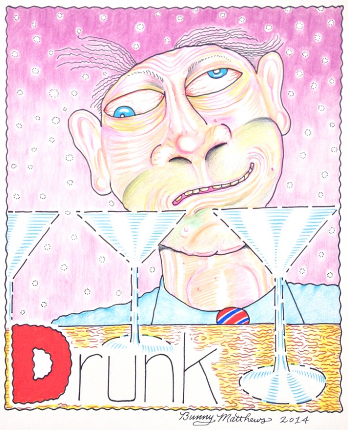 Bunny Matthews, "Drunk," 2014, Pen, ink and colored pencil on paper, 10 x 8 inches (image), 19 ½ x 17 inches (framed)