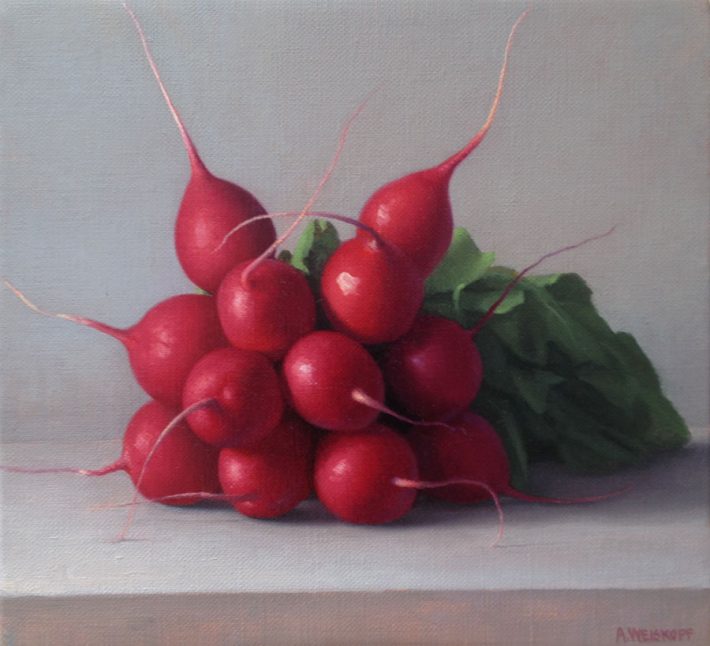 Radishes, 2014. Oil on canvas. 8 x 9 inches.