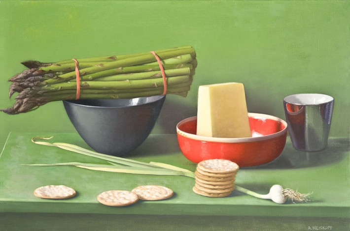 Still Life with Asparagus, Pecorino and Crackers, 2012. Oil on linen. 12 x 18 inches.