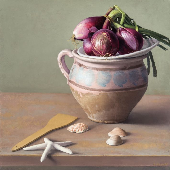 Still Life with Purple Onions and Shells, 2014. Oil on canvas. 14 x 14 inches.