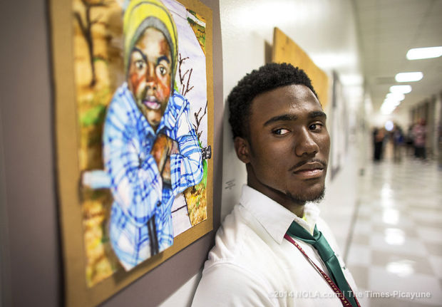 Leonard Galmon, a NOCCA and Cohen College Prep senior who grew up around the C.J. Peete housing projects, will be going to Yale next year. He was photographed near one of his pieces hanging on a hallway wall at the end-of-year art show at NOCCA on Thursday, May 8, 2014. (Photo by Chris Granger, Nola.com | The Times-Picayune)