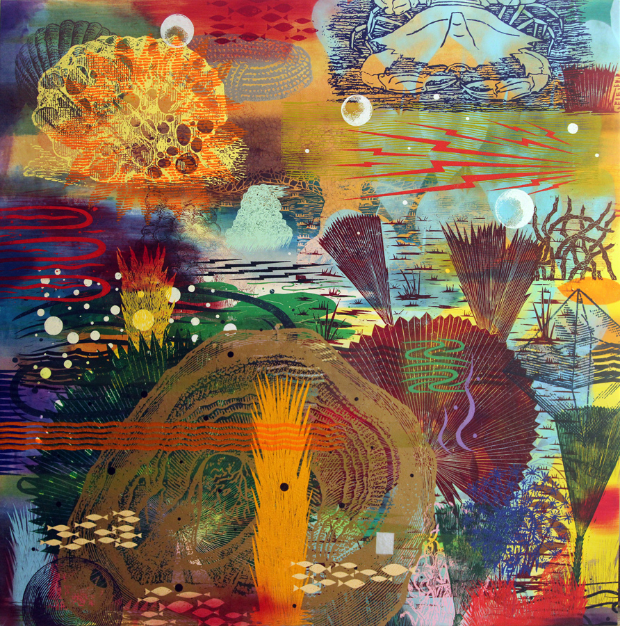 The Secret Oyster Bed, 2014. Unique oil block prints on canvas. 72 x 72 inches. 