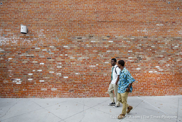Leonard Galmon, back center, a NOCCA and Cohen College Prep senior who grew up around the C.J. Peete housing projects, will be going to Yale next year. He walks with his best friend DeRondice Reese at the end-of-year art show at NOCCA on Thursday, May 8, 2014. (Photo by Chris Granger, Nola.com | The Times-Picayune)