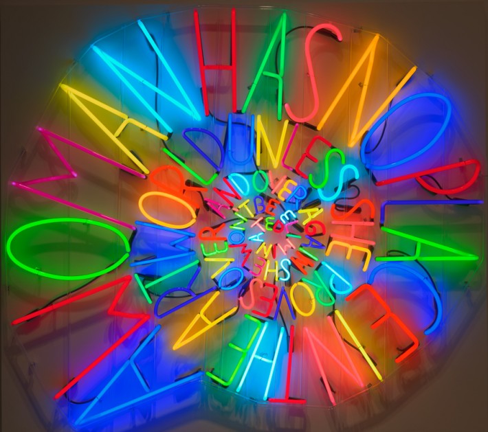 Deborah Kass, After Louise Bourgeois, 2010, Neon and transformers on powder-coated aluminum panel, 66 x 68 x 5 inches