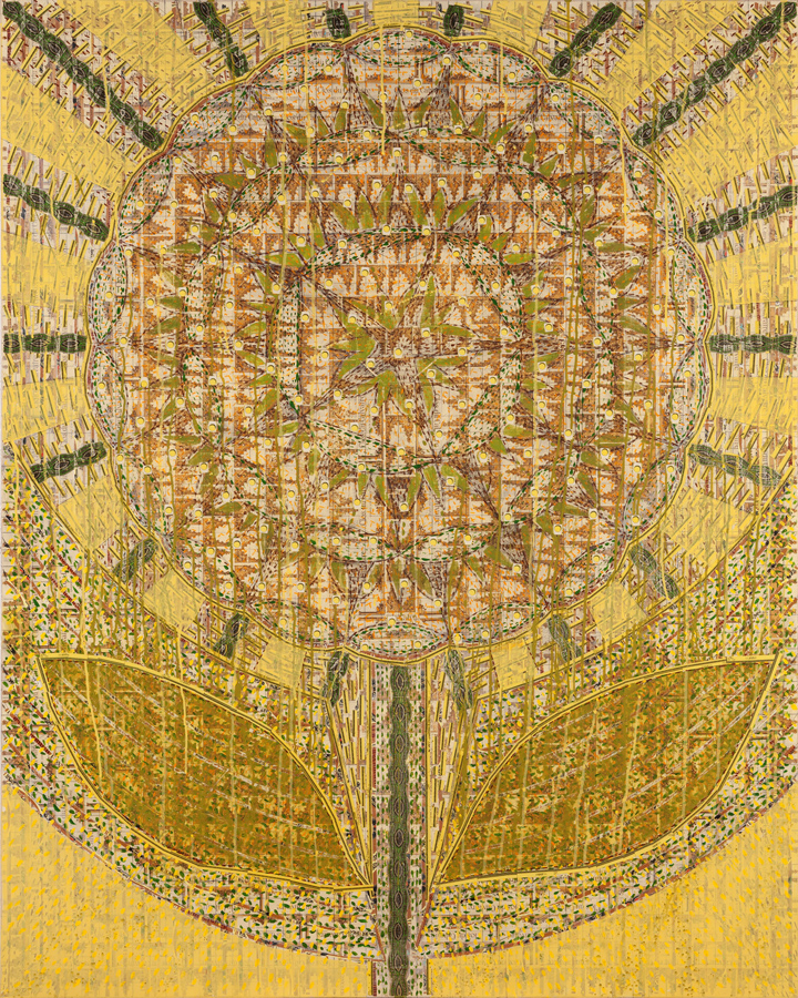 Radiant Yellow Flower, 2014. Product labels and acrylic on wood panel. 60 x 48 inches.