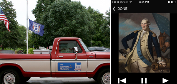 Left: At Bentonville's square. Right: Charles Willson Peale's portrait of George Washington on the audio guide. (Photos: Travis Diehl)