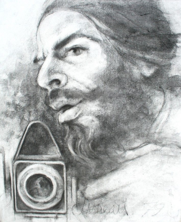 Self Portrait with Camera, 1979, Charcoal on canvas, 24 x 19 3/4 inches