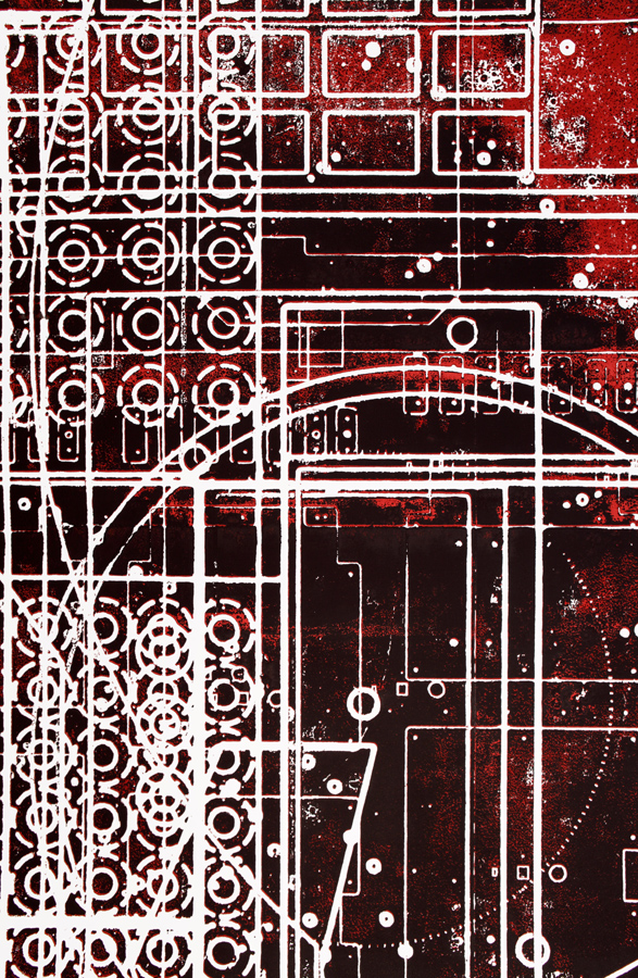 CNC Palimpsest Print (August 11, 2014) (detail), 2014. Monoprint, hand-burnished on Fabriano archival paper with oil based ink. 120 x 60 inches.