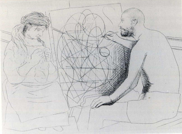  Pablo Picasso. Frenhofer at work on his “Unknown Masterpiece.” 1927-1931; Engraving for Ambrose Vollard’s commission of illustrations for Balzac’s Le chef-d’inconnu; 7 7/8 x 11 in.