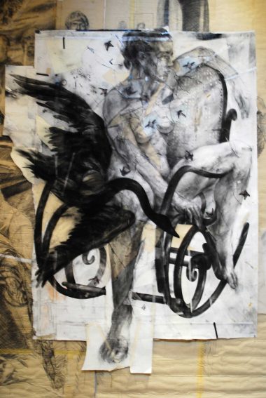 James Drake, When the Swan is in the Sky, 2009. Charcoal, mixed media on paper. 102 x 78 inches, 112 x 84 inches (framed).