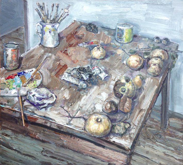  Amer Kobaslija: Still Life with Paint and Quinces (Balthus’ Table), 2010. Oil on panel, 12 ½” high.