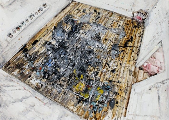  Amer Kobaslija: Studio Floor (J. Pollock, E. Hamptons), 2014. Oil on Plexiglas, 12” high.