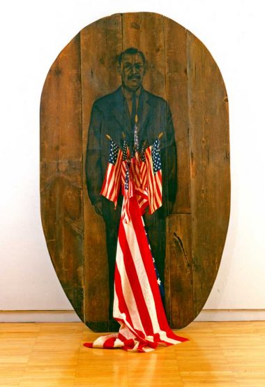 America, 2000, Charcoal on wood, flags,  89 x 53 1/2 x 20 inches