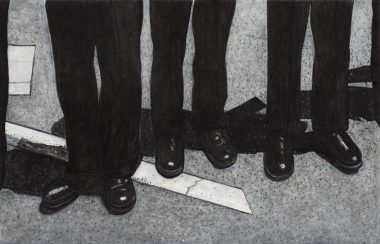 Police Mourn a Fallen Comrade, 2015, Charcoal and acrylic on paper, 34 x 53 inches