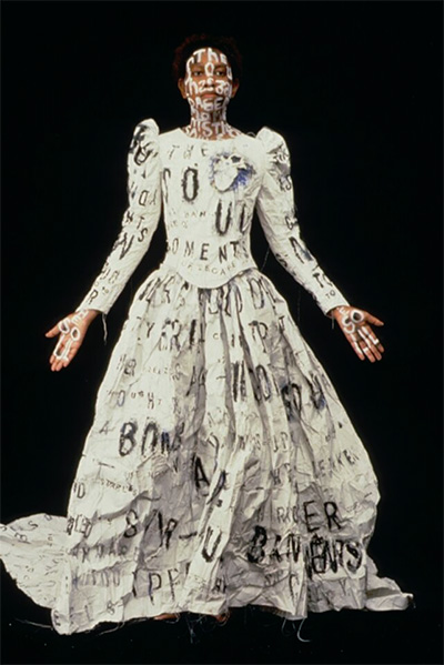 Lesley Dill, Dada Poem Wedding Dress, 1994. Made for Dada Ball, Webster Hall, New York, October 12, 1994.