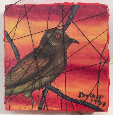 Jacqueline Bishop, Terra #227: Bronze-Olive Pigmy. 1999, Oil on wood with found objects. 3 x 3 inches (approximate).