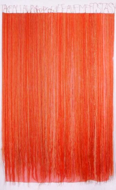Lesley Dill, Red Thread Fall. 2003, thread, mixed media. 92 x 56 inches.