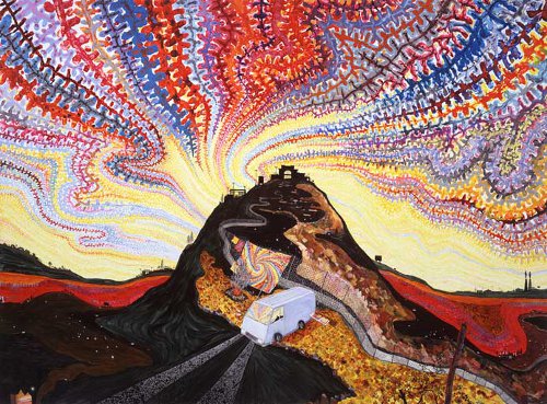 Lisa Sanditz. “Tie Dye in the Wilderness,” 2005. Oil on canvas. 57 x 77 in. Courtesy the artist.