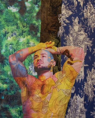 Francois Sagat Tuileries Tree Paris (on Disney Princess, blue tiger, and navy "History of Air" toile), 2016 | Archival ink jet prints on various patterned fabrics, gold thread | 50 x 40 inches